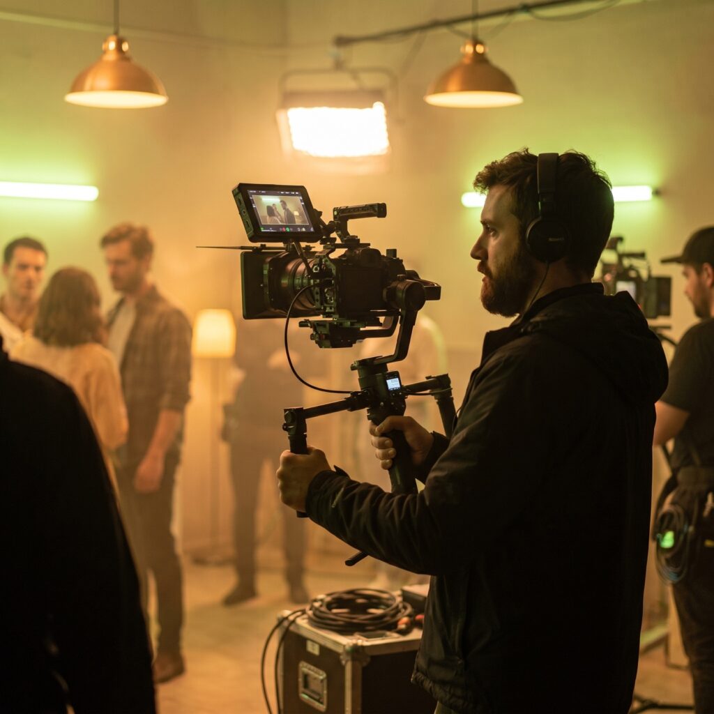 Videograf mit Kamera-Gimbal am Filmset