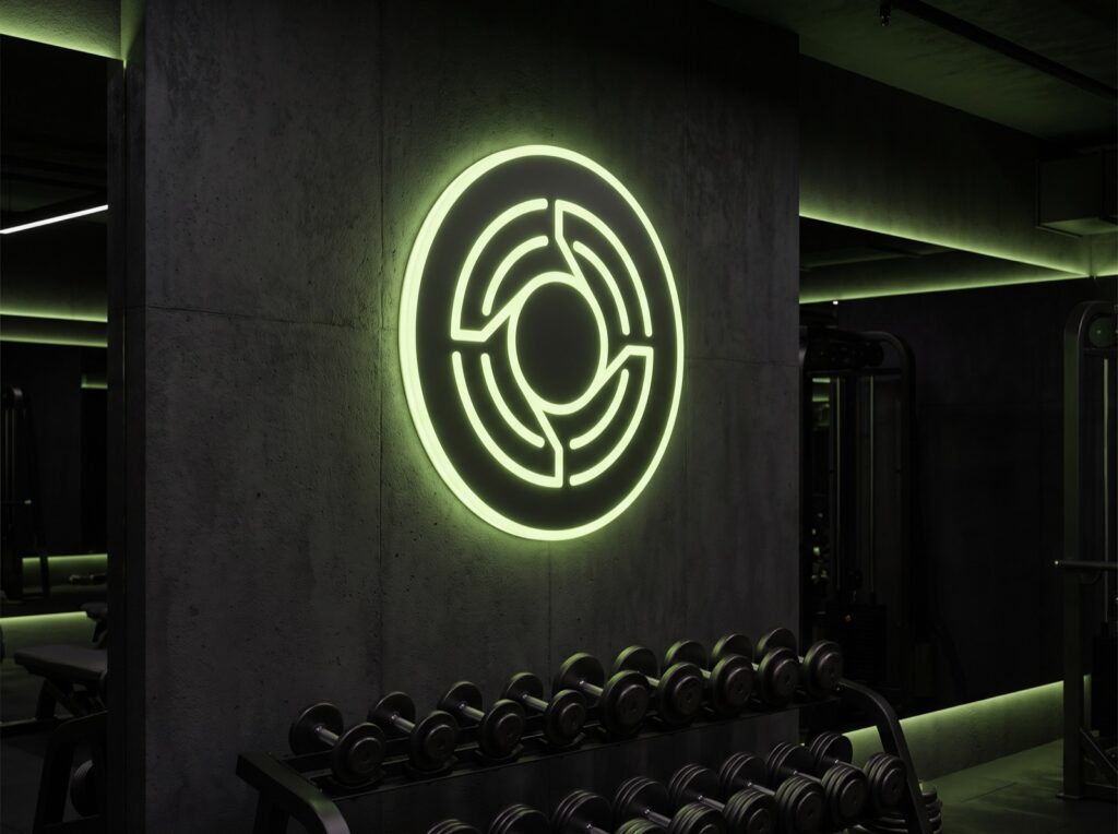 Leuchtendes Logo im Fitnessstudio